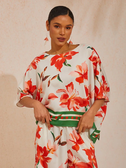 Spring Blooms Silky Satin Asymmetrical Dolman Sleeve Blouse