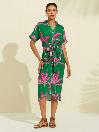 Tropical Print Shirred Midi Dress