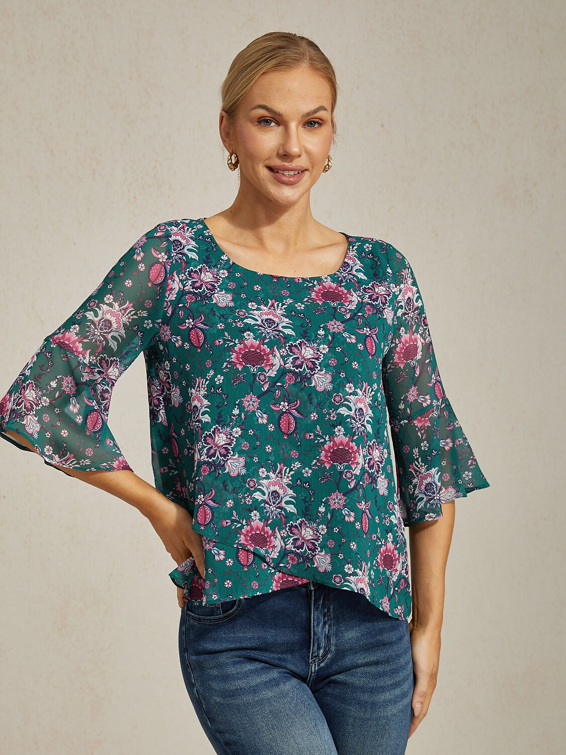 Floral Print Sheer Flowy Chiffon Blouse