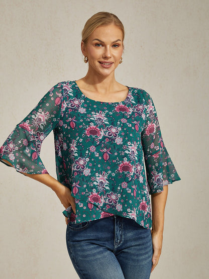 Floral Print Sheer Flowy Chiffon Blouse