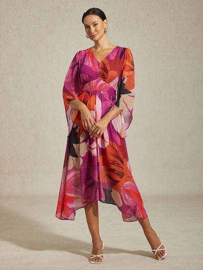 Floral Print Irregular Hem Chiffon Dress