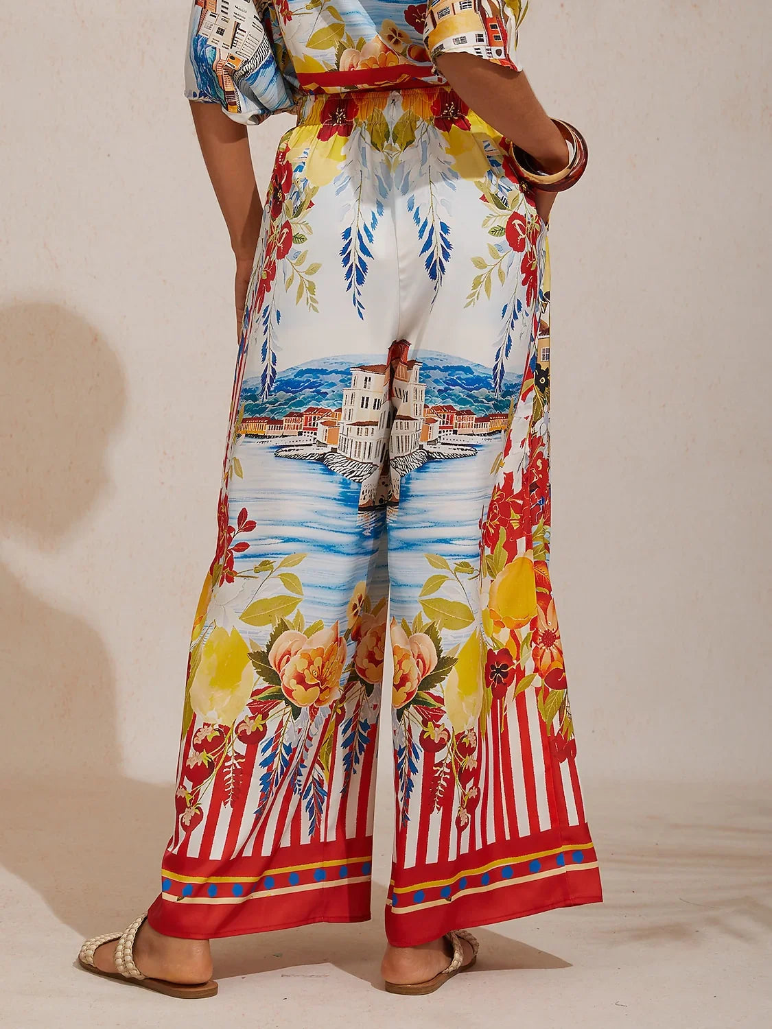 Santorini Summer Silky Elastic Waist Wide Leg Pants