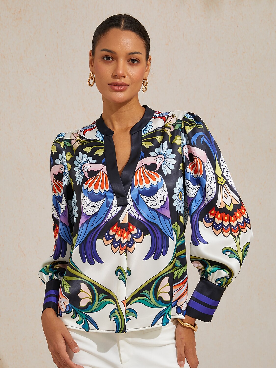 Bird Flower Silky Satin Blouse