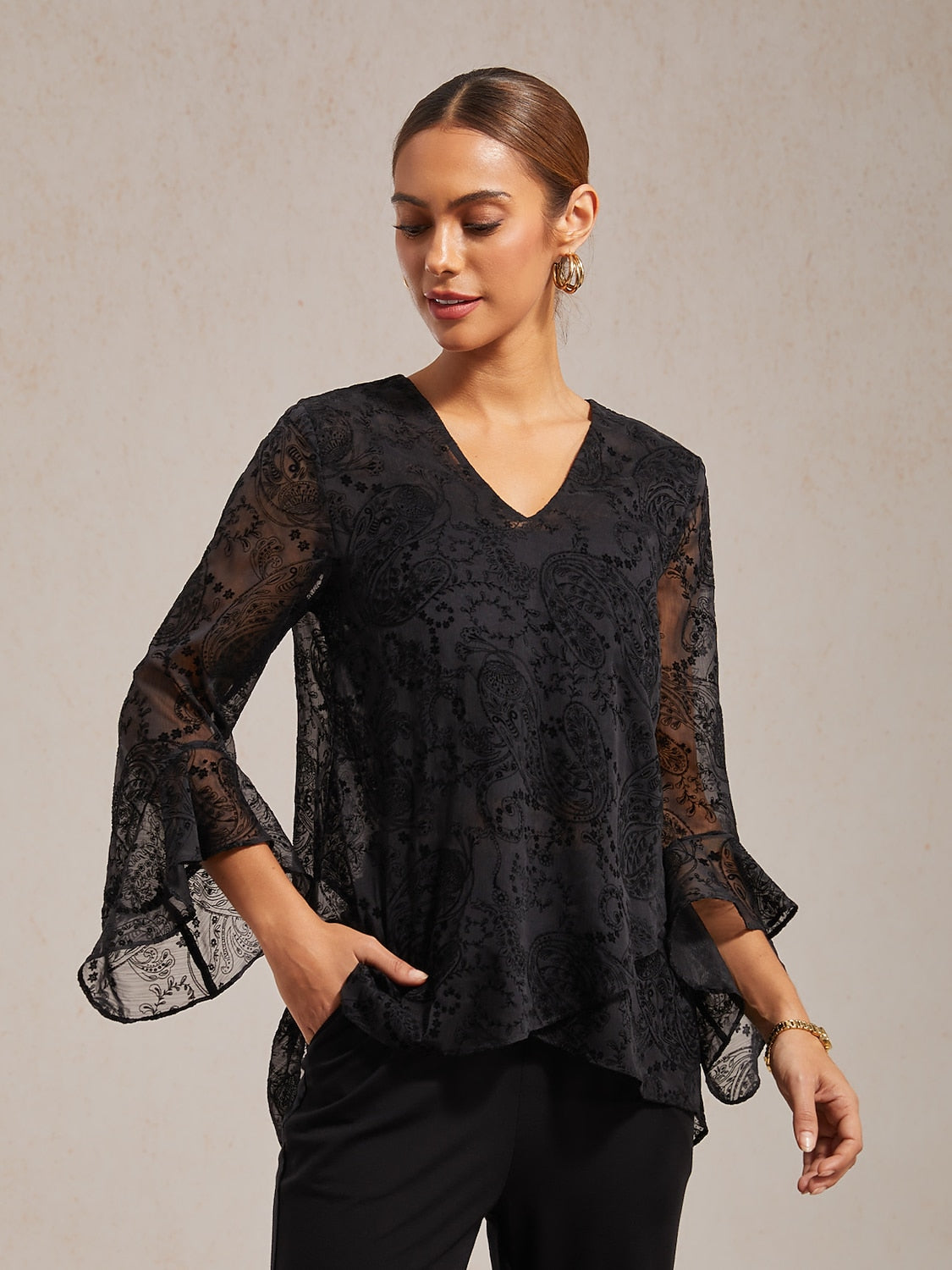 Flocked Chiffon V Neck Sheer Blouse Party Vacation