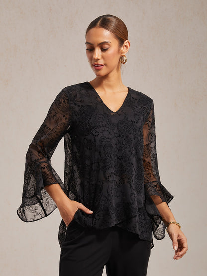 Flocked Chiffon V Neck Sheer Blouse Party Vacation