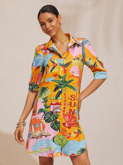 Deep Green Hibiscus Silky Satin Shirt Dress