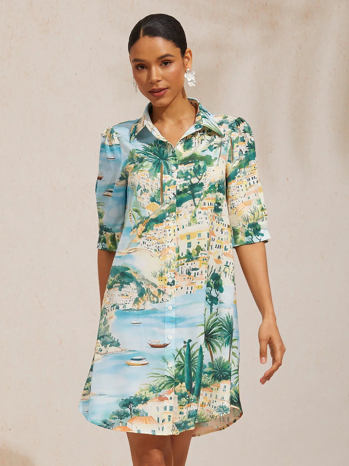Mallorca Blossom Silky Satin Straight Shirt Dress