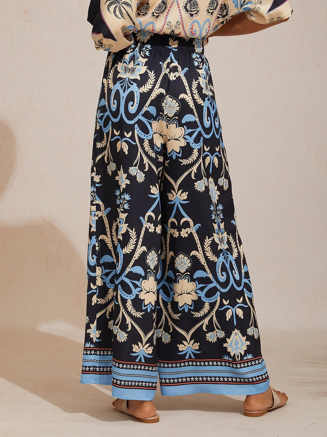 Summer Night Palm Silky Satin Wide Leg Pants
