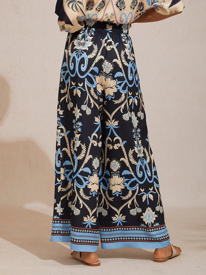 Summer Night Palm Silky Satin Wide Leg Pants