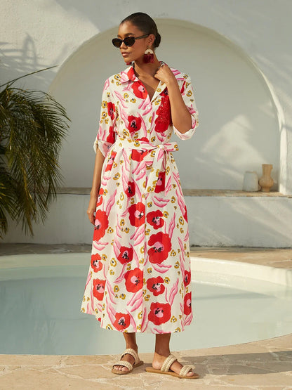 Abstract Floral Print Long Shirt Maxi Dress Vacation Casual
