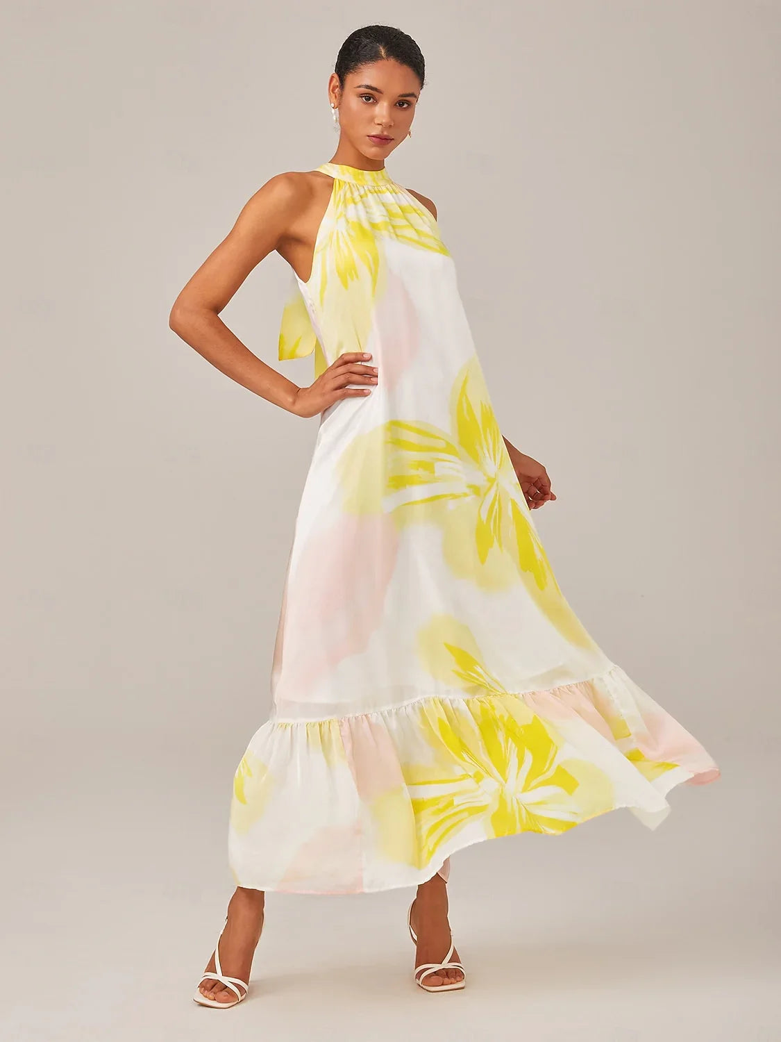 Womens Maxi Dress Halter Neck Loose Fit Vacation Flattering Drape Statement Print Premium Detail Summer Ready Soft Finish, Yellow / XXL Womens Maxi Dress Halter Neck Loose Fit Vacation Flattering Drape Statement Print Premium Detail Summer Ready Soft Finish, Yellow / XXL