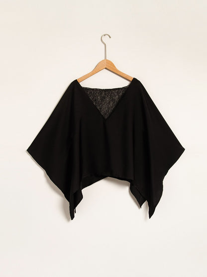 Solid Color Batwing Sleeve Lace Patchwork Satin Blouse