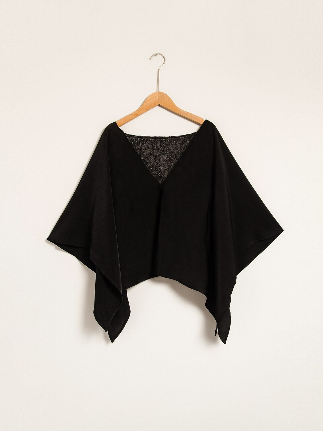 Solid Color Batwing Sleeve Lace Patchwork Satin Blouse
