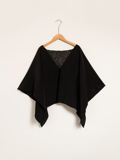 Solid Color Batwing Sleeve Lace Patchwork Satin Blouse