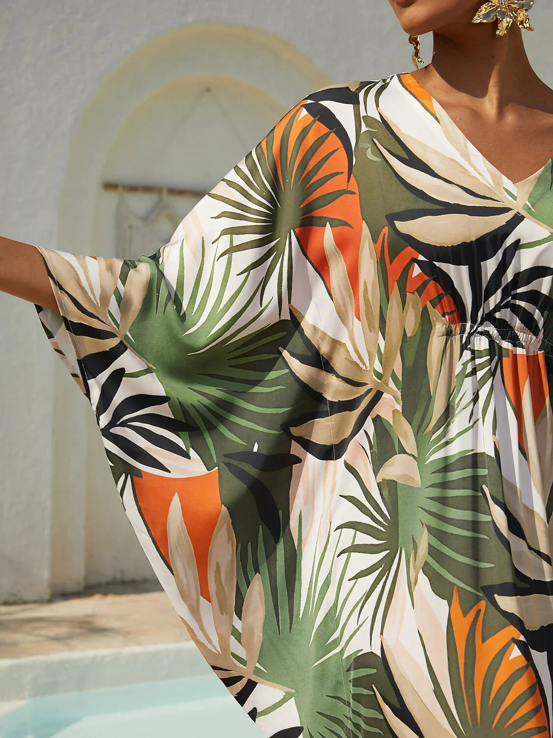 Vacation Tropical Botanical Print Dolman Sleeve Satin Maxi Dress