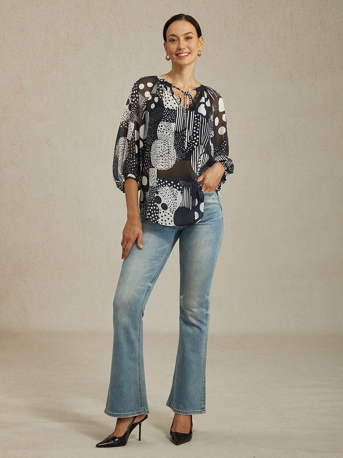Abstract Print Puff Sleeve V-Neck Chiffon Blouse