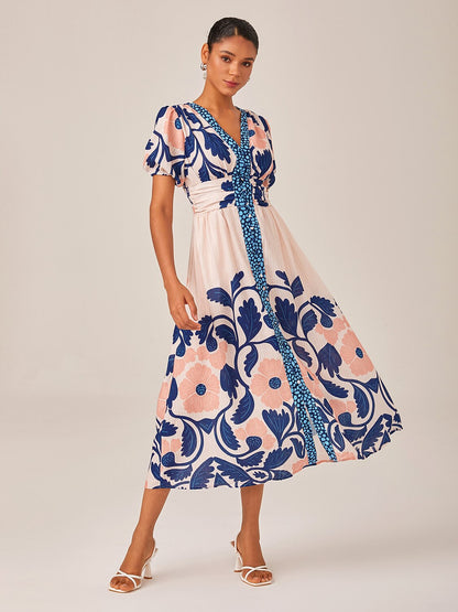 Geblümtes High-Waist Maxikleid mit kurzen Ärmeln