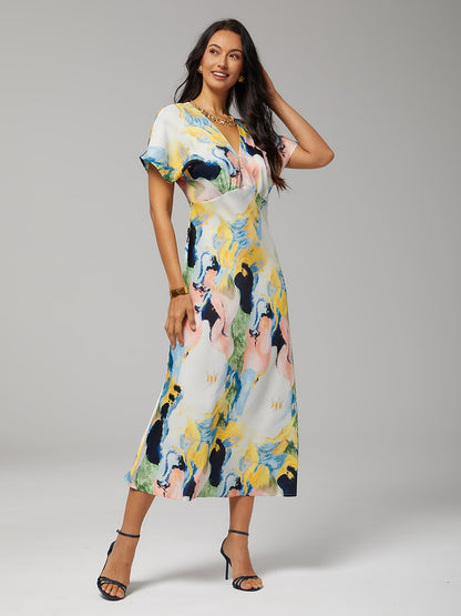 Red Floral Print Silky Satin Maxi Dress
