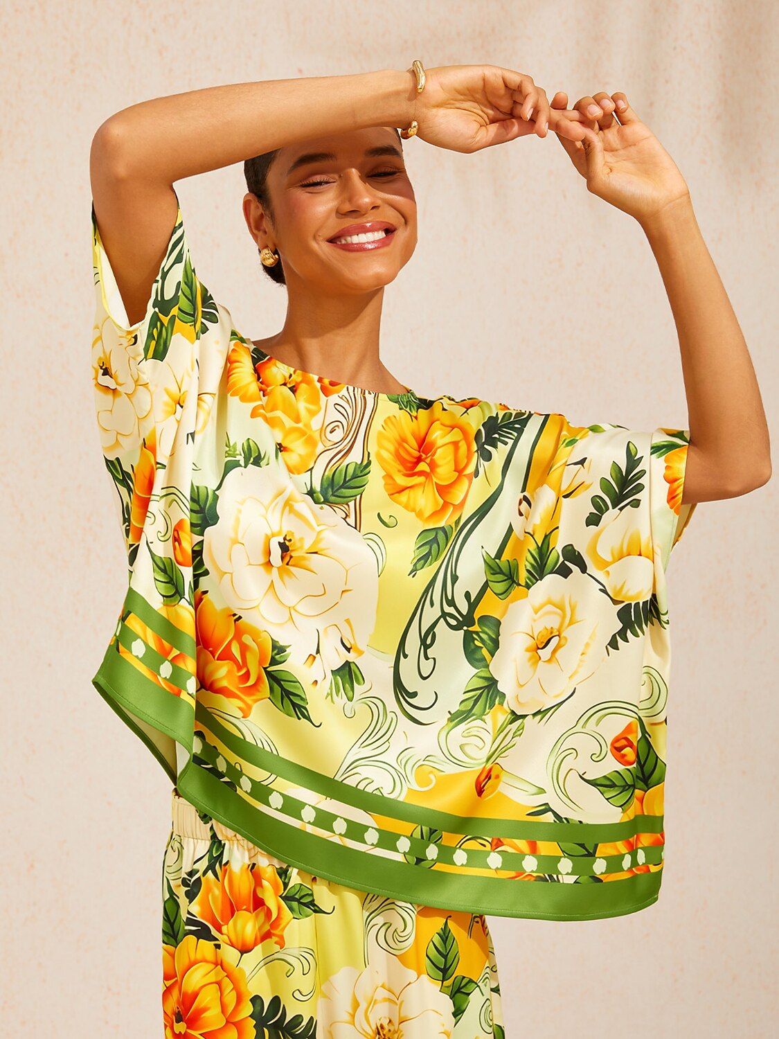 Golden Bloom Silky Satin Batwing Top