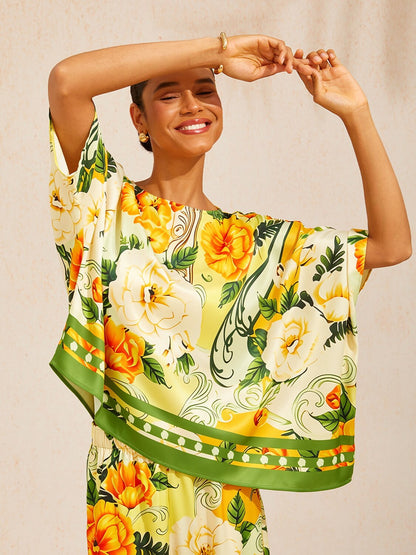 Golden Bloom Silky Satin Batwing Top