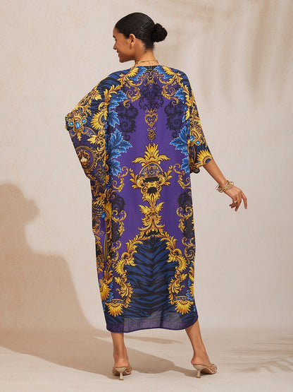 Midnight Purple Baroque Flowy Chiffon Dolman Sleeve Kaftan