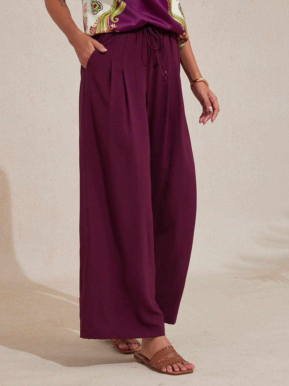 Burgundy Elastic Drawstring Linen Look Wide Leg Pants
