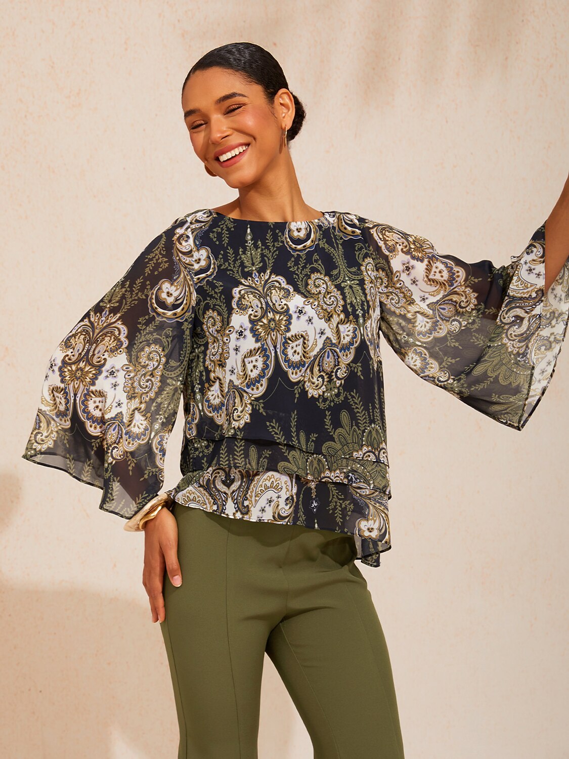 Green Mandala Floral Layered Chiffon Blouse