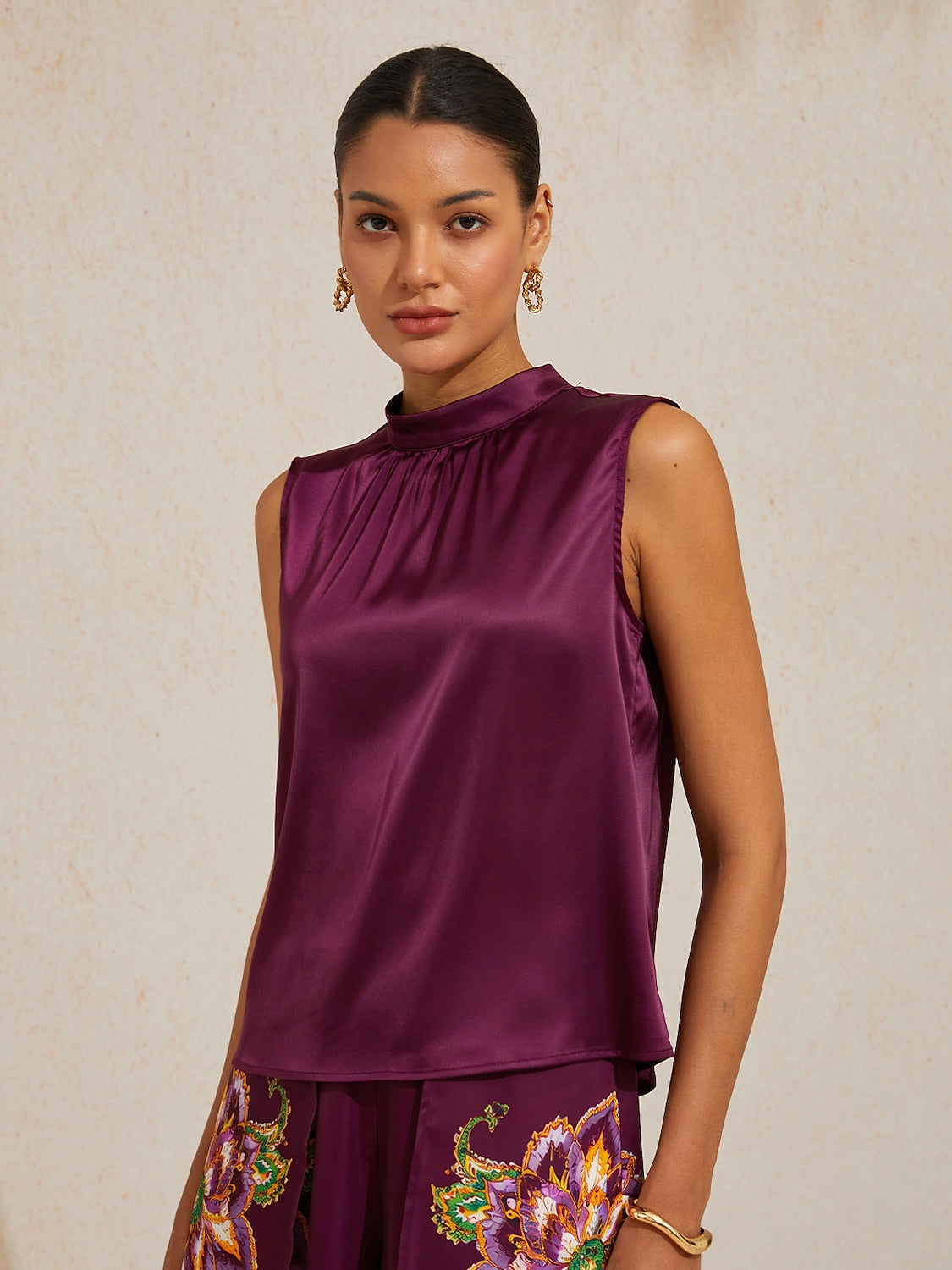 Burgundy Paisley Luxe Silky Satin Sleeveless Top