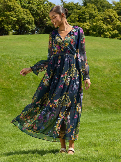 Midnight Jewel Bloom Flowy Chiffon Maxi Dress