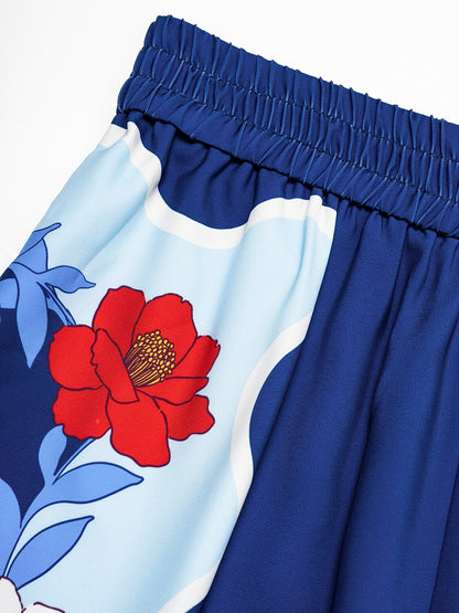 Satin Loose Wide Leg Vacation Artistic/ Retro Printing Causal Pants