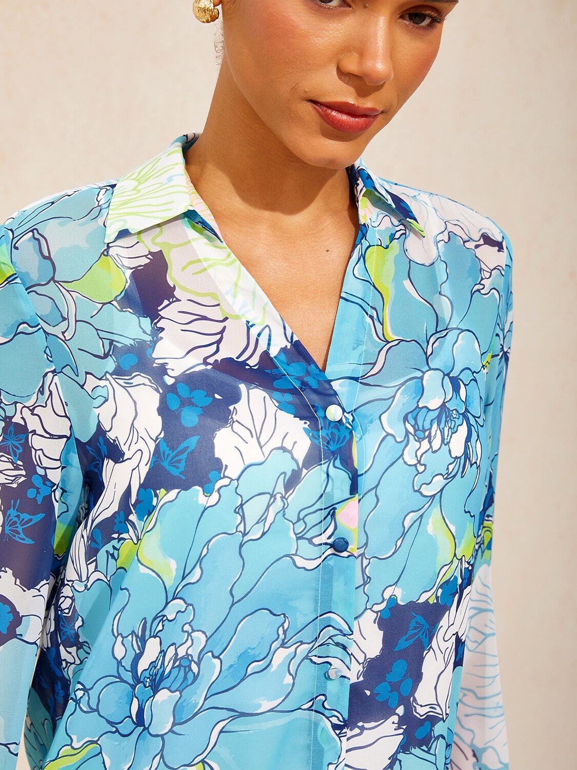 Azure Leaves Chiffon Shirt Dress