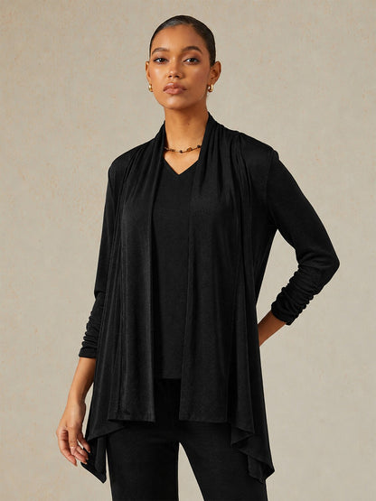 Acetate Look Stretch Knit Ruched Sleeve Jacket