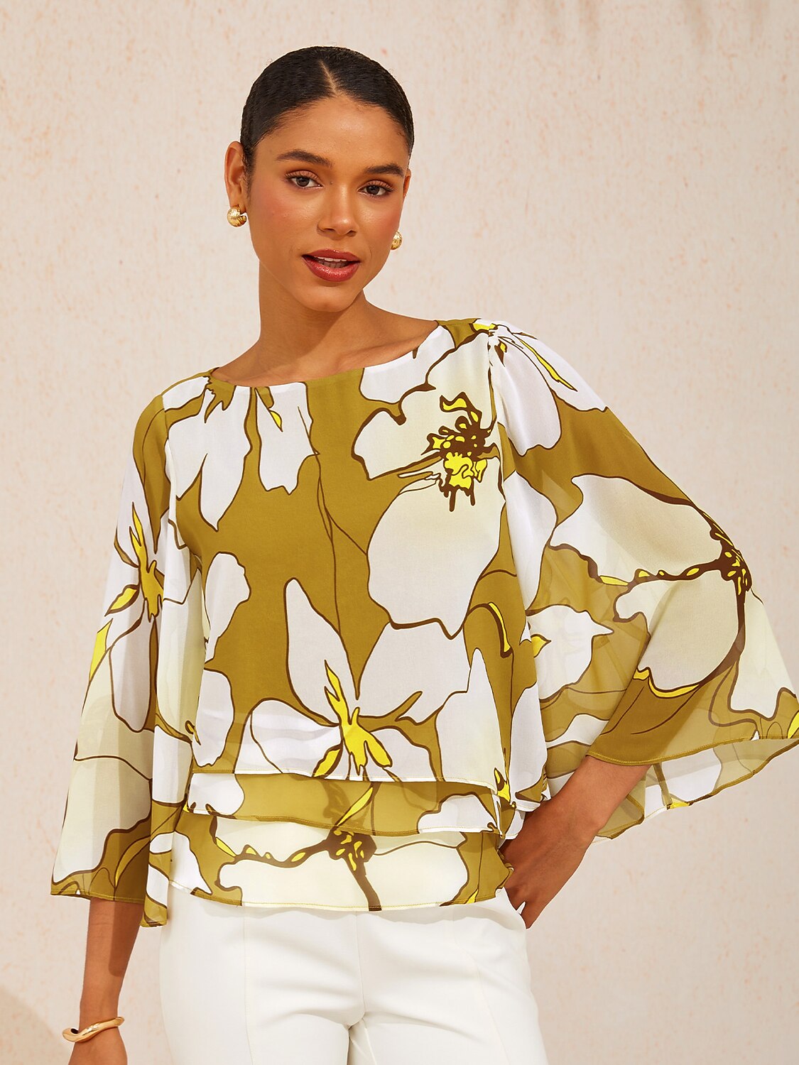 Golden Petal Glow Layered Chiffon Blouse