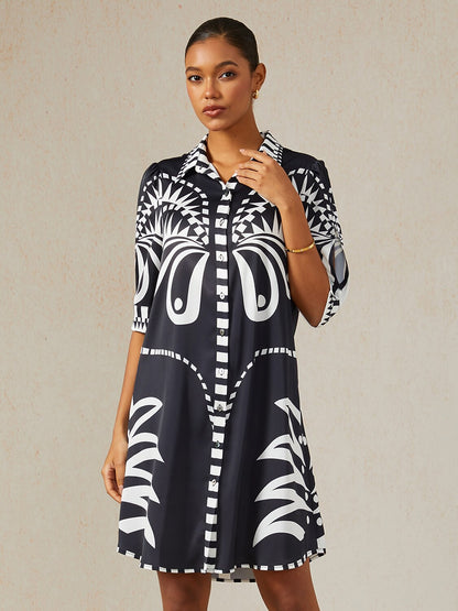 Noir Geometry Silky Satin Shirt Dress