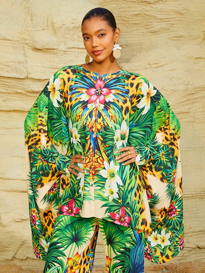 Tropical Temptation Flowy Chiffon Dolman Sleeve Blouse
