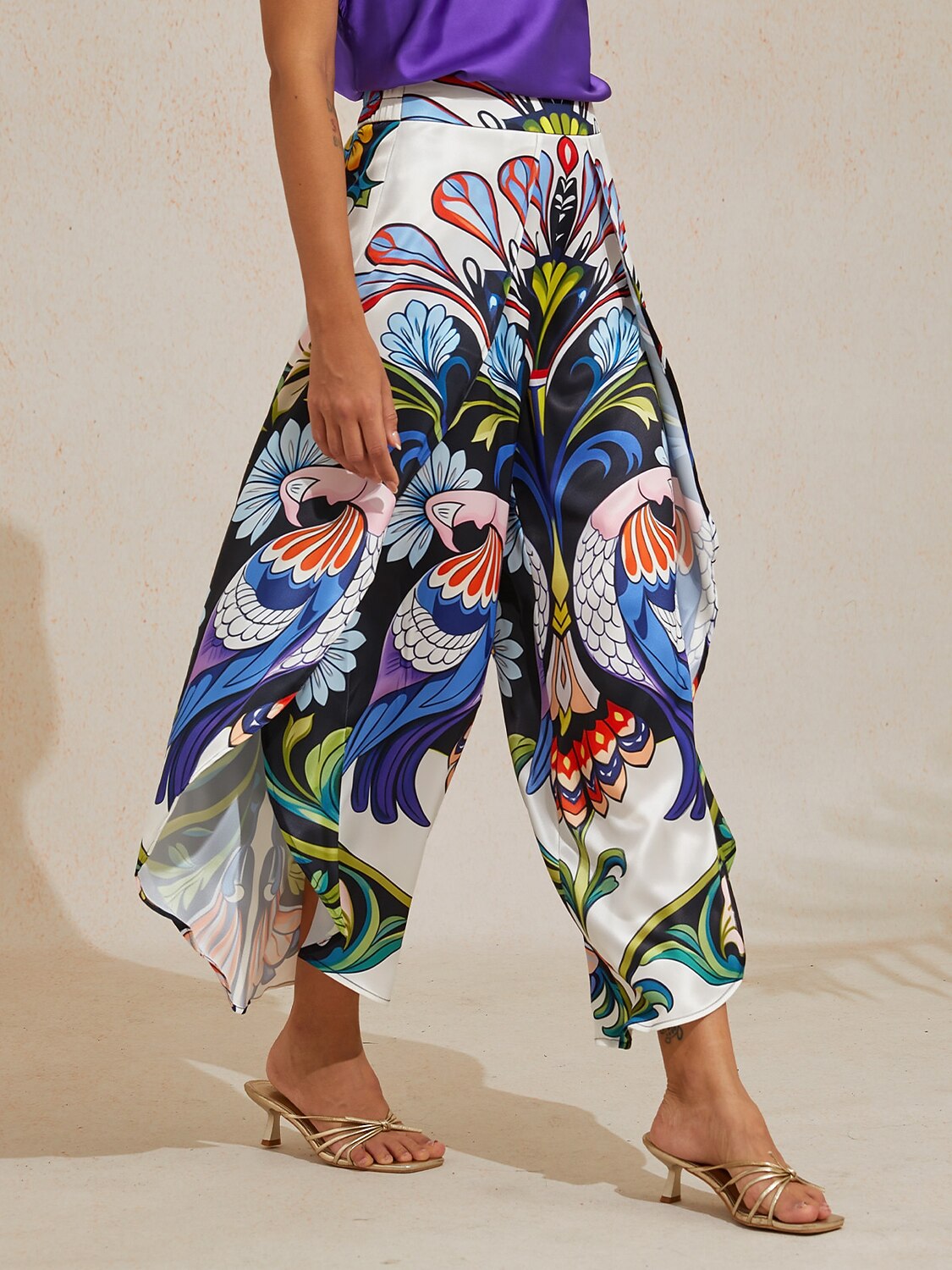 Bird Flower Satin Slit Wide Leg Pants