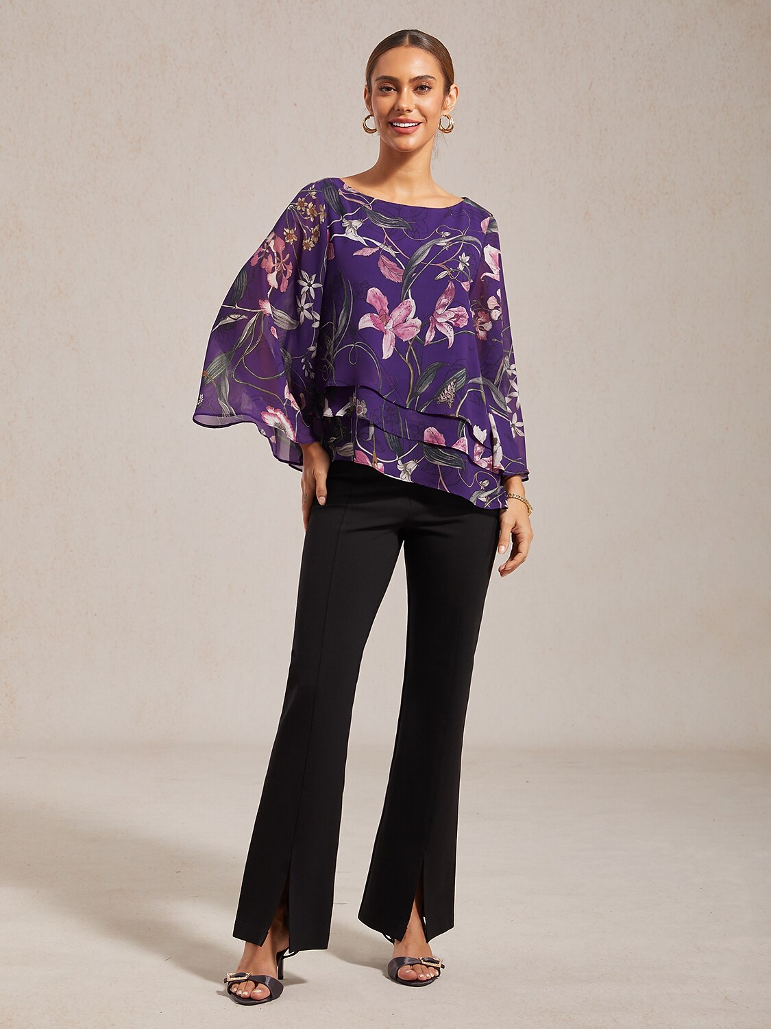 Dark Purple Floral Print Sheer Chiffon Blouse