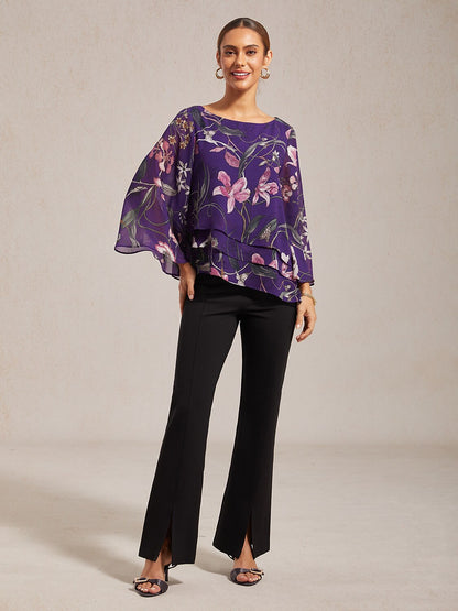 Dark Purple Floral Print Sheer Chiffon Blouse