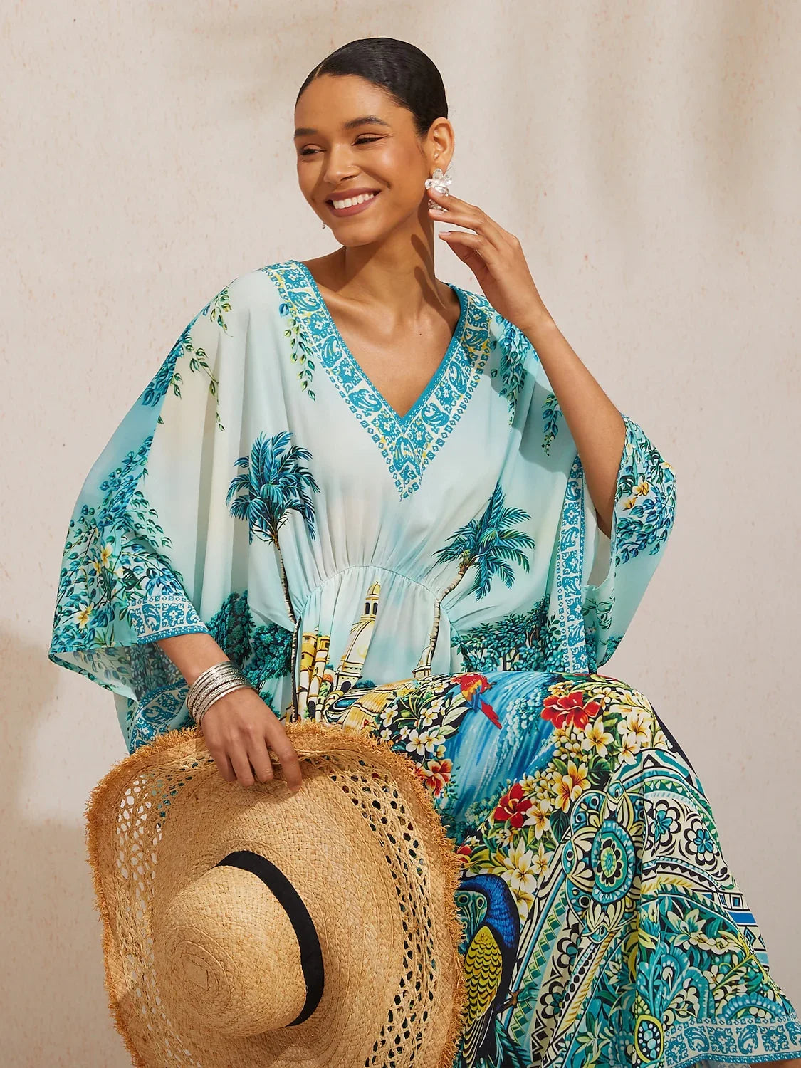Balearic Islands Blue Flowy Chiffon Dolman Sleeve Kaftan