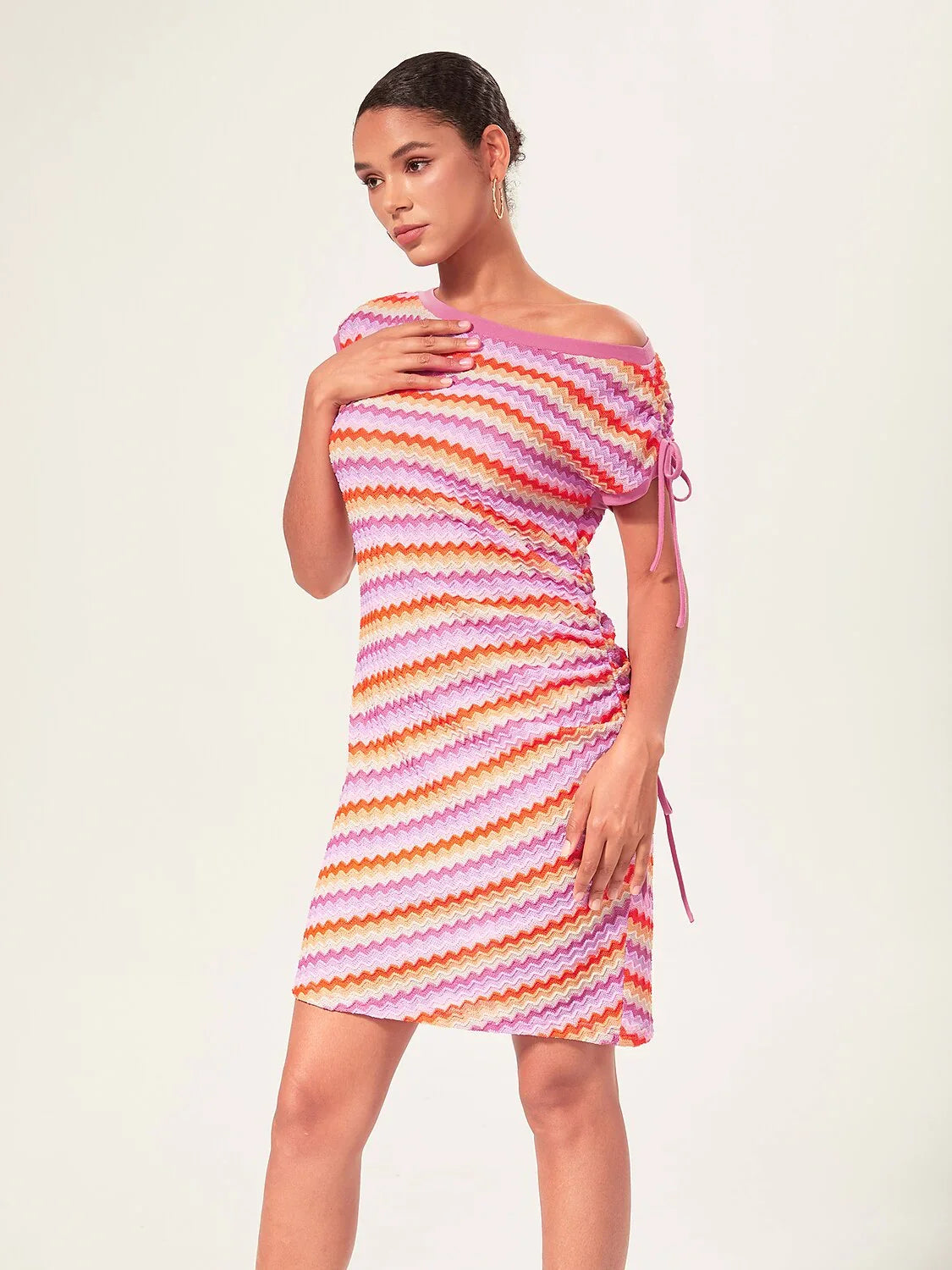 Vestido Mini Naranja de Punto Elástico Fruncido