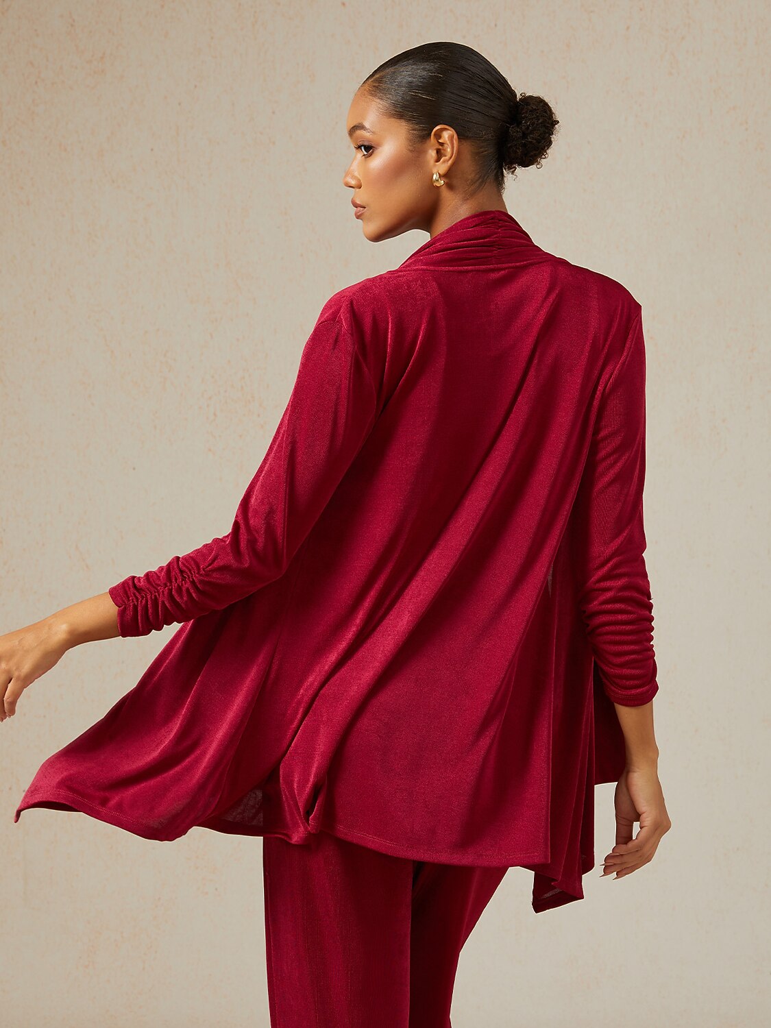 Acetate Look Stretch Knit Ruched Sleeve Jacket