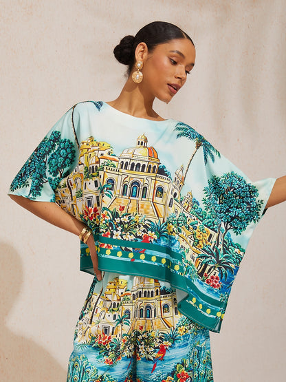 Emerald Rose Garden Silky Satin Sleeve Batwing Top