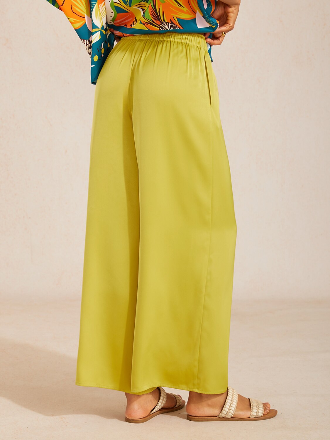 Silky Satin White Elastic Waist Wide Leg Pants
