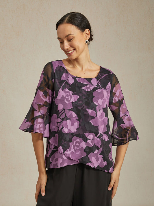 Purple Floral Print Round Neck Chiffon Blouse