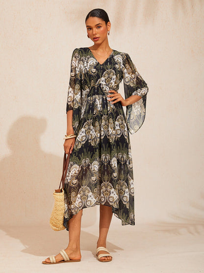 Green Mandala Floral Flowy Chiffon Maxi Dress
