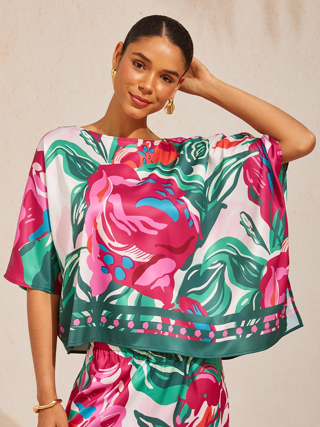Fiery Pink Rose Silky Satin Dolman Sleeve Top