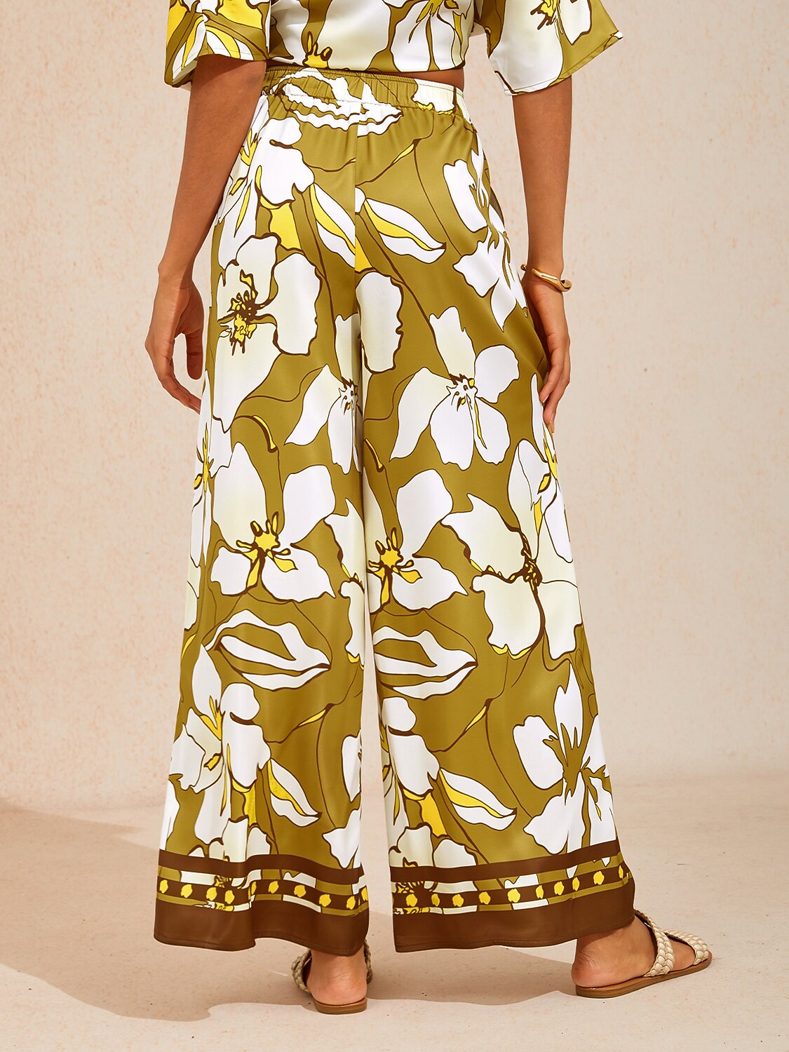 Golden Petal Glow Silky Satin Wide Leg Pants