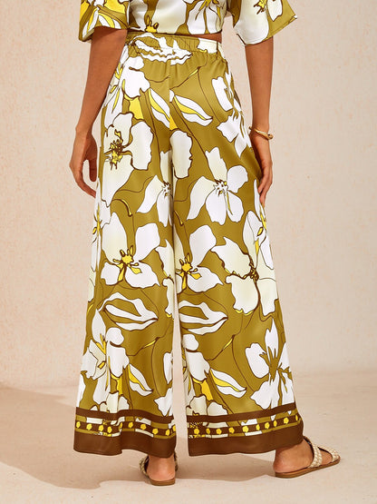 Golden Petal Glow Silky Satin Wide Leg Pants