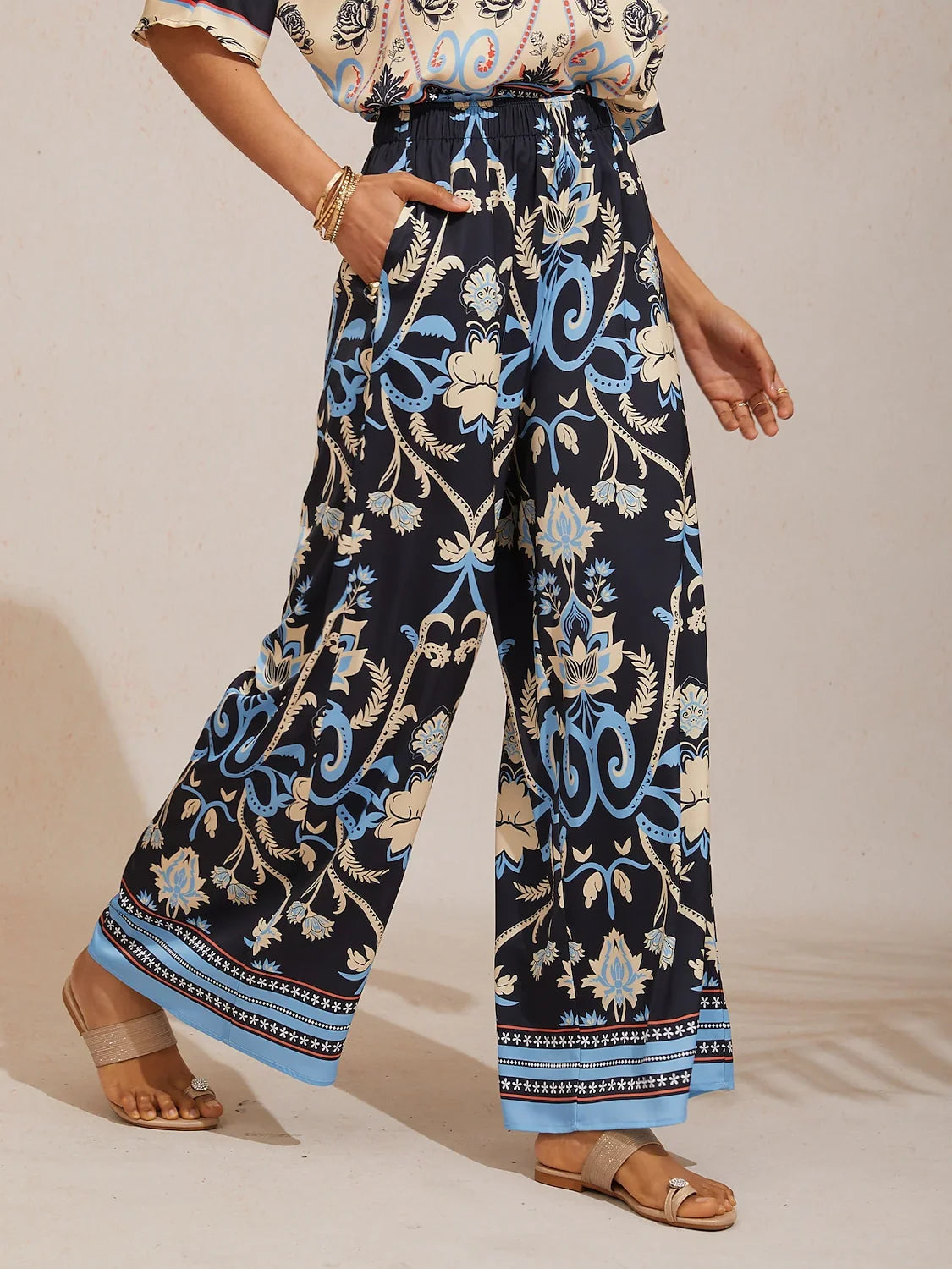 Summer Night Palm Silky Satin Wide Leg Pants