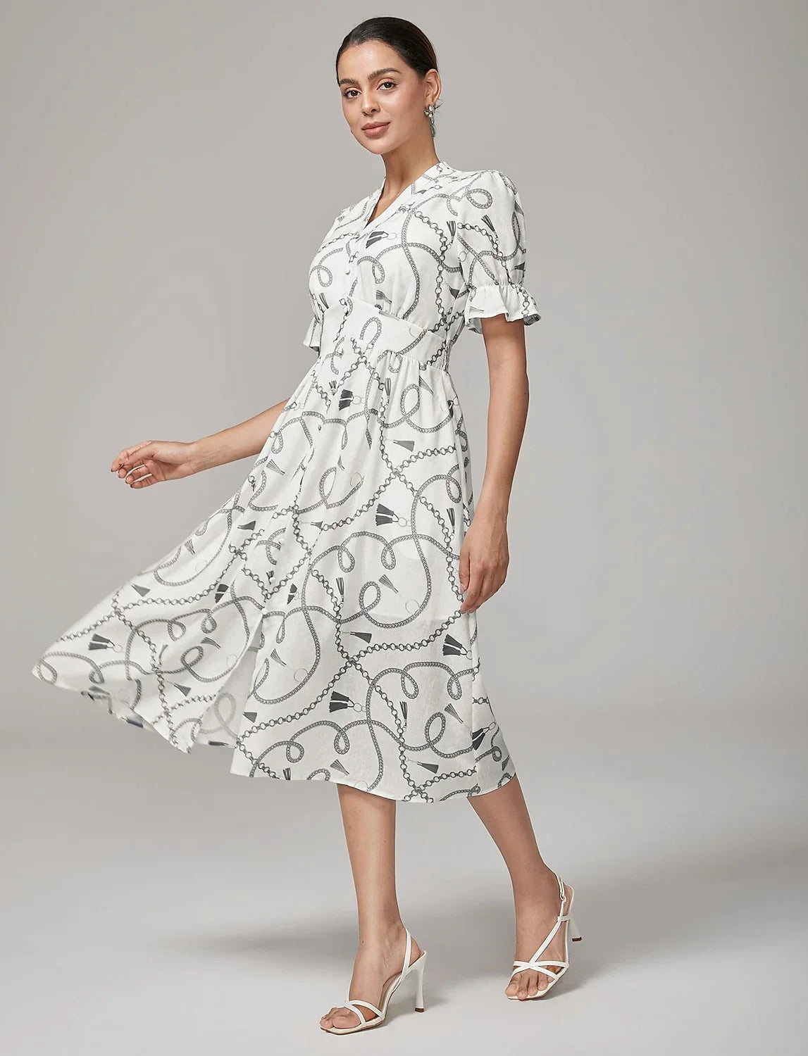 Chain Print Smocked Back Corset Midi Dress
